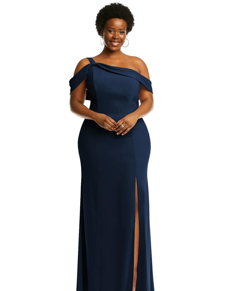 Front of a model wearing a size 18W One-Shoulder Draped Cuff Maxi Dress with Front Slit in Midnight Navy by After Six. | dia_product_style_image_id:267015